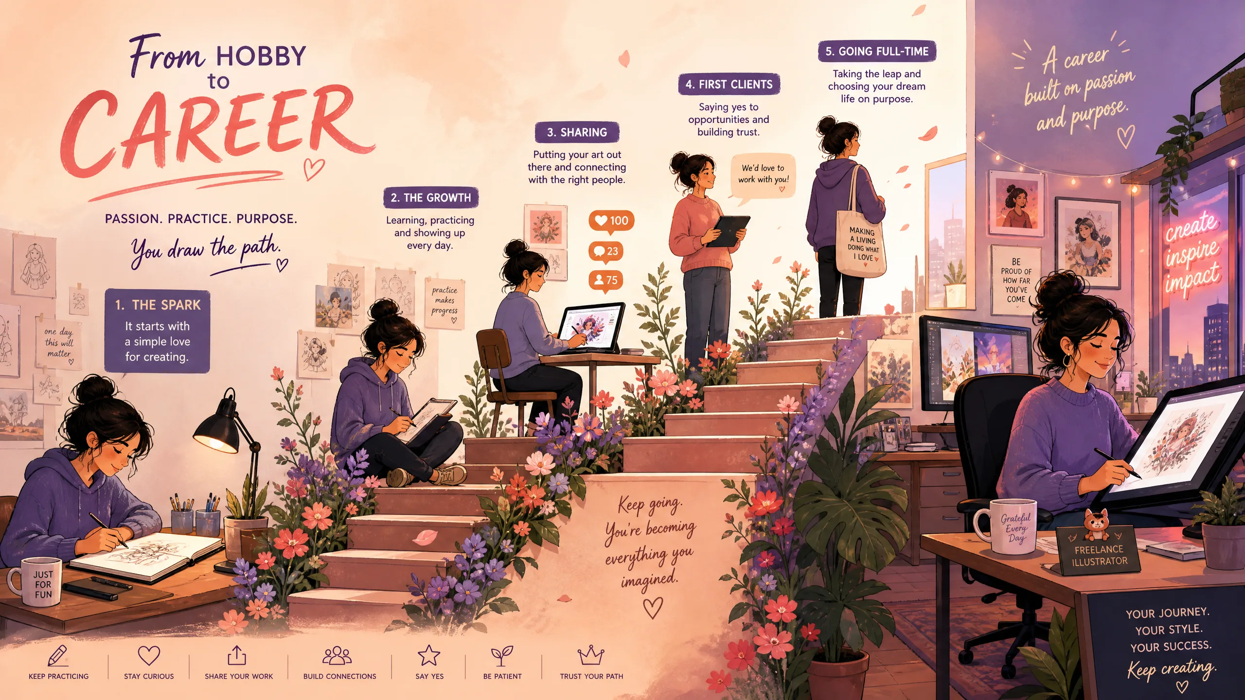 自由插画师‌在家庭工作﻿室创作的场景